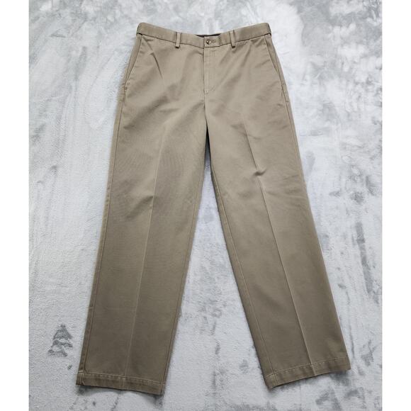 Haggar Pants Mens 36 X 32 Brown Flat Front Straight Fit No Iron Cotton Khakis - Picture 1 of 13